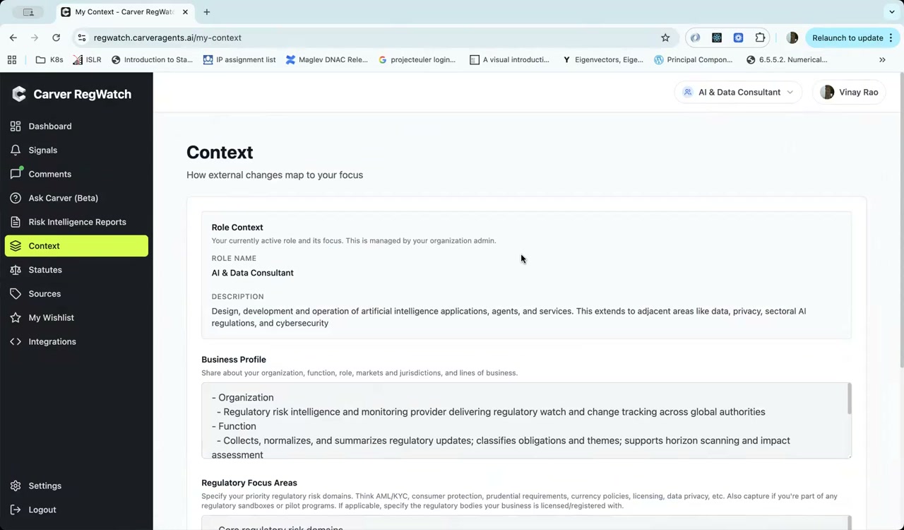 Context page showing Role Context, Business Profile, and Regulatory Focus Areas