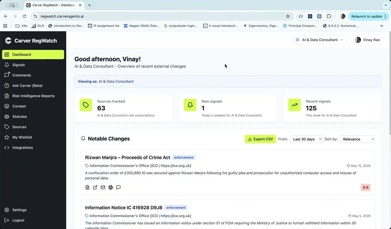 Dashboard overview showing role-based stats and Notable Changes feed