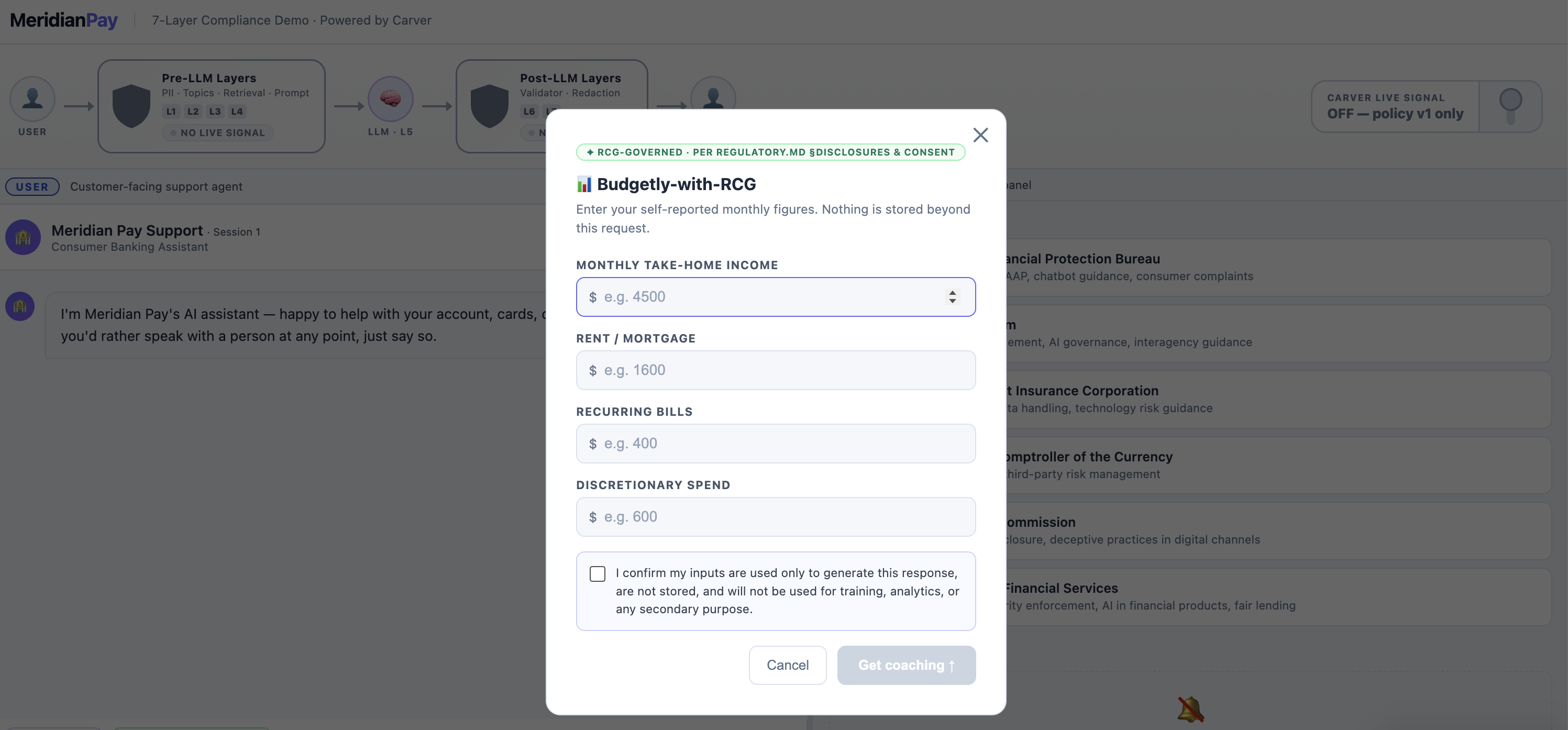 Budgetly-with-RCG form showing affirmative consent checkbox required before submitting financial data