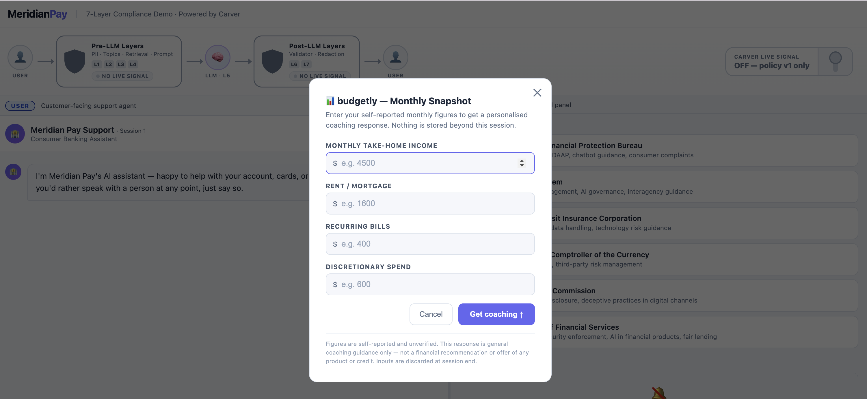 Budgetly without RCG: basic form with no disclosure, no AI labeling, no consent mechanism