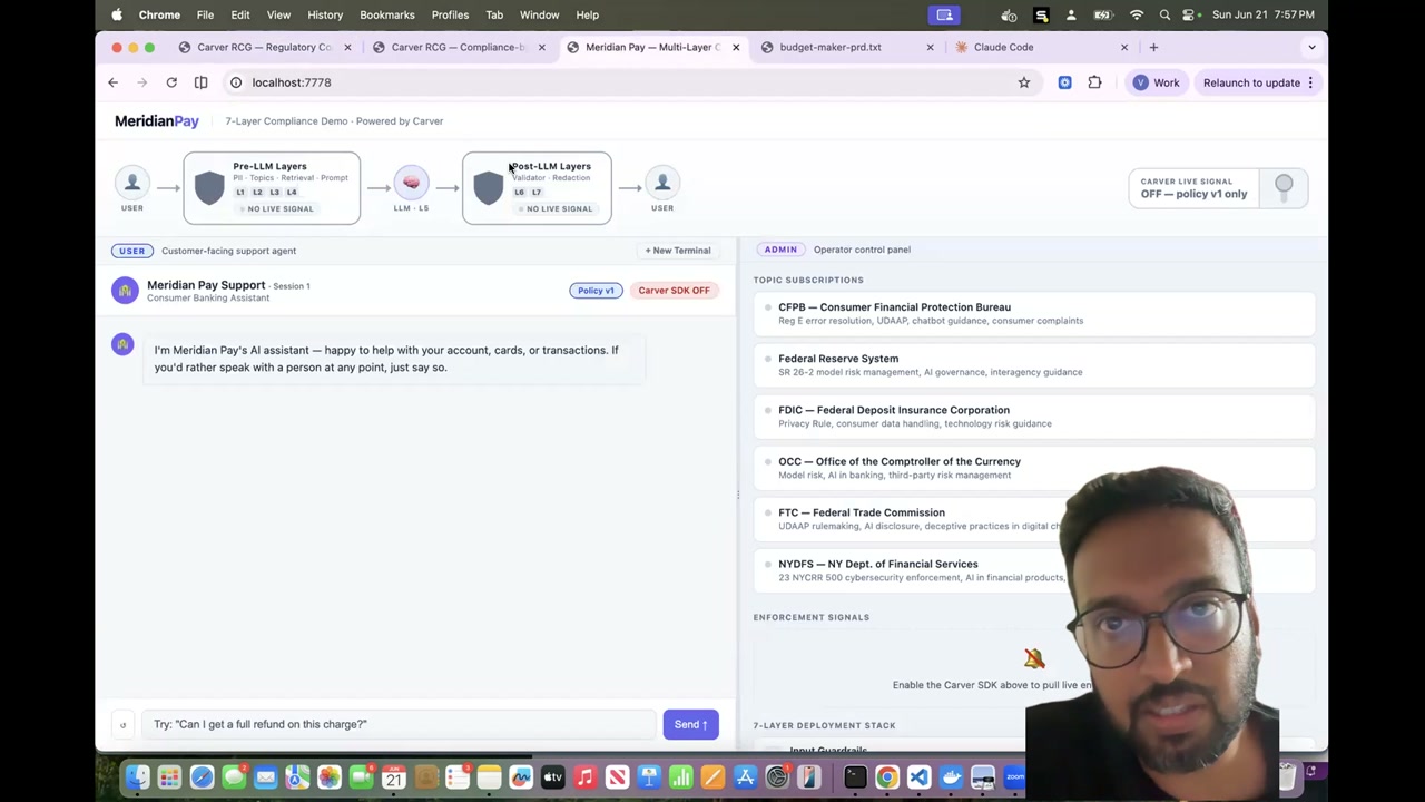 MeridianPay demo showing pre-LLM and post-LLM layers with topic subscriptions and enforcement signals
