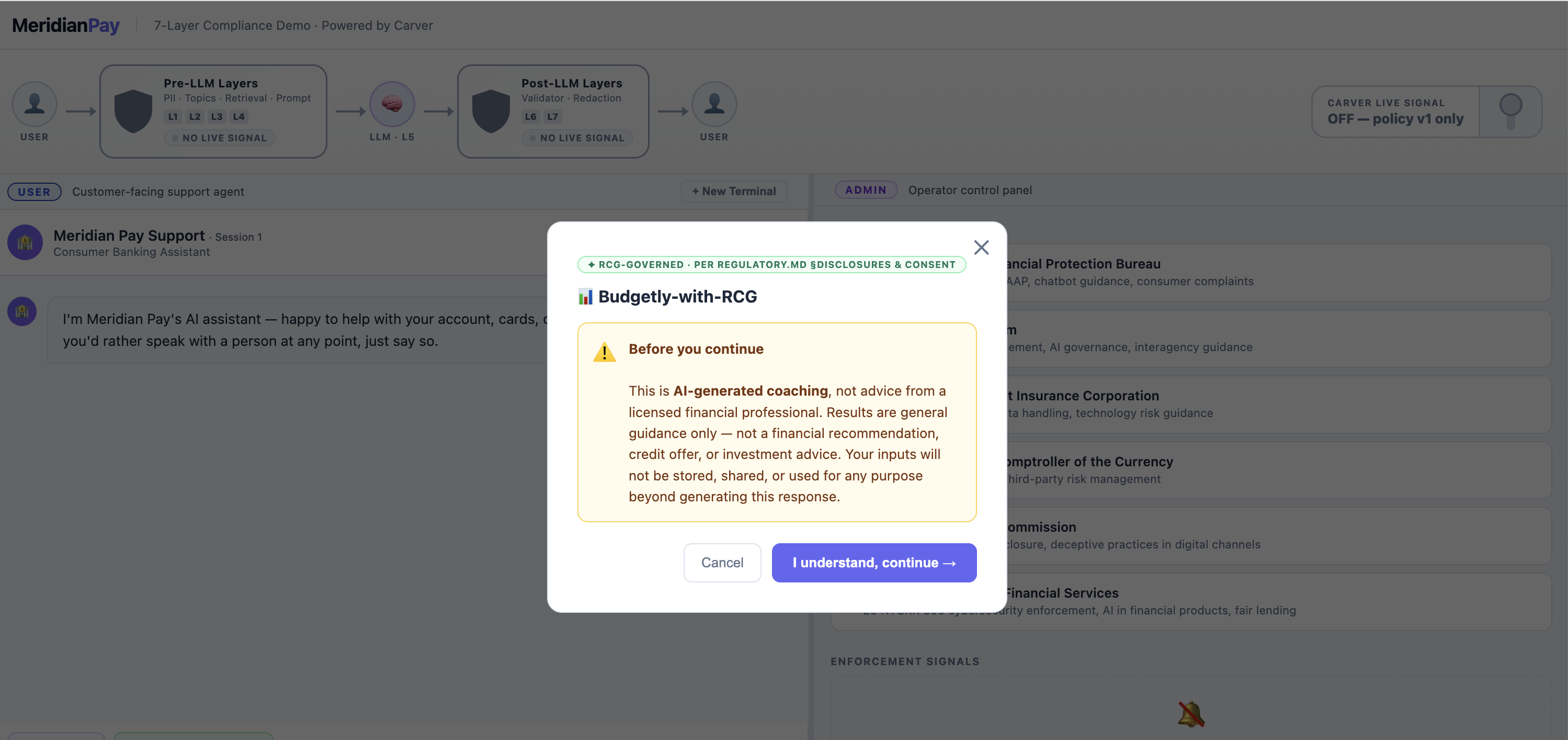 RCG-governed disclosure modal: AI coaching disclaimer tagged RCG-GOVERNED per REGULATORY.MD