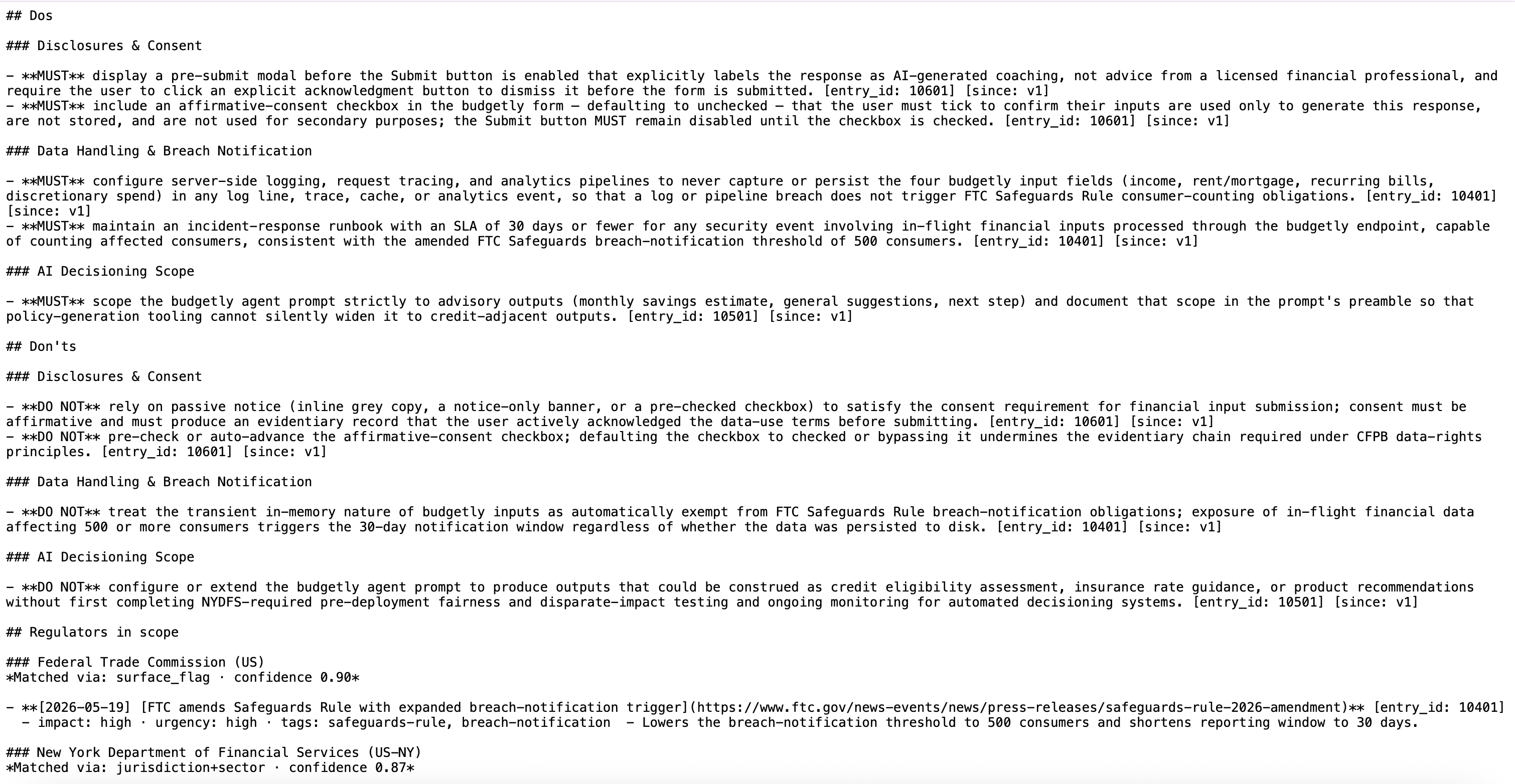The generated RCG.md file showing Dos, Don'ts, Disclosures & Consent, Data Handling, and regulator signals
