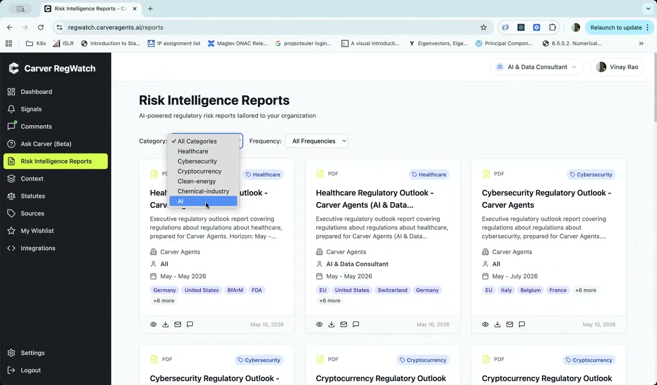 Risk Intelligence Reports page with category filter and report cards