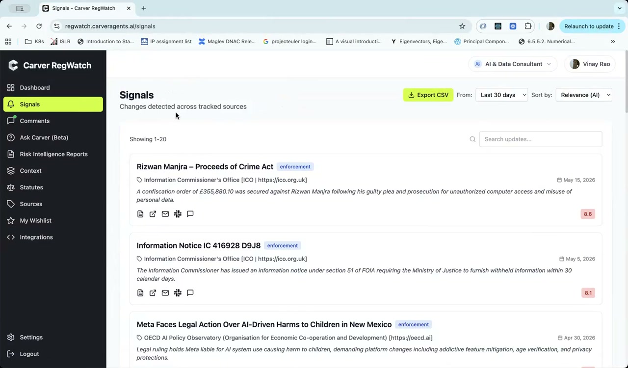 Signals page showing list of detected regulatory changes with relevance scores