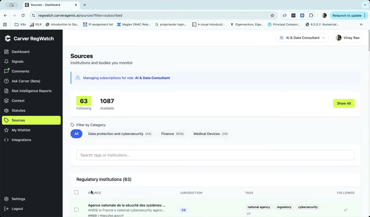 Sources page showing subscribed institutions and category filters