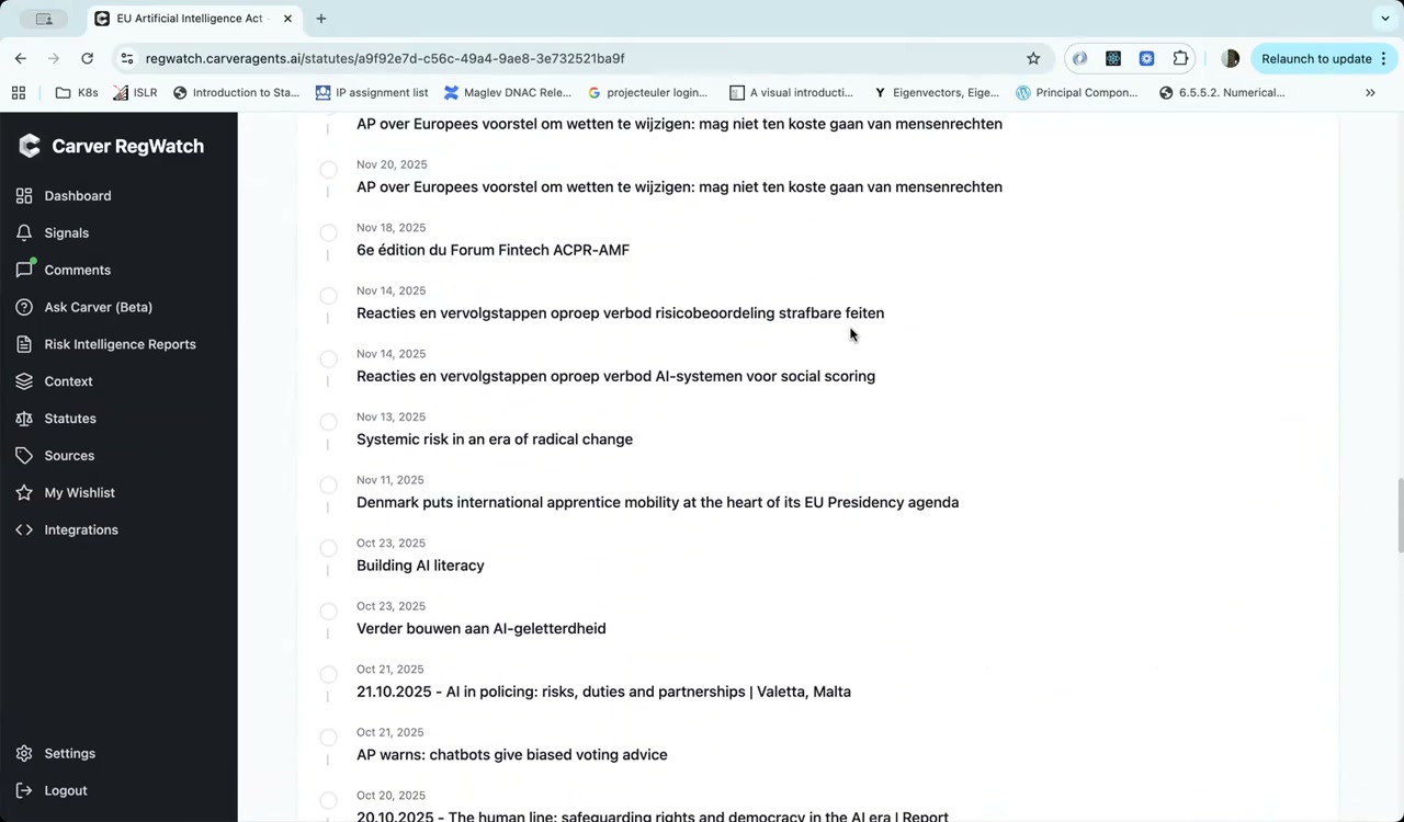 Statute detail page showing the EU AI Act with linked feed entries