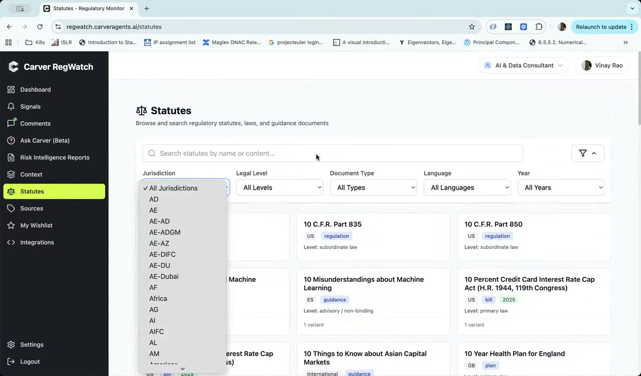 Statutes page with search bar and filter controls